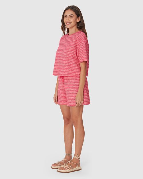 Blusa Ampla Feminina Manga Curta Em Malha Tweed E Moletinho