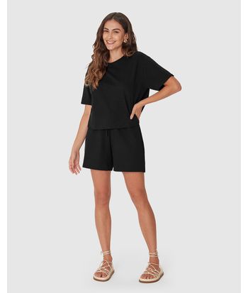 Blusa Ampla Feminina Manga Curta Em Malha Tweed E Moletinho