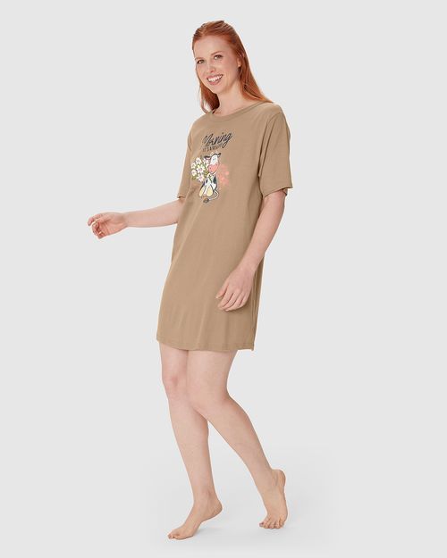 Camisola Feminina Manga Curta Estampa Frontal Em Algodão