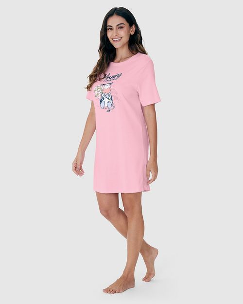 Camisola Feminina Manga Curta Estampa Frontal Em Algodão