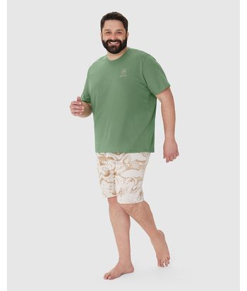 Pijama Masculino Plus Size Camiseta Manga Curta Em Algodão