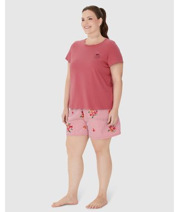 Pijama Feminino Plus Size Blusa Manga Curta Em Algodão