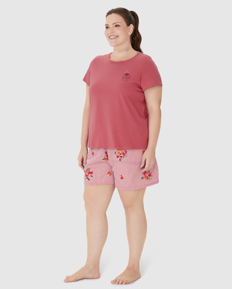 Pijama Feminino Plus Size Blusa Manga Curta Em Algodão
