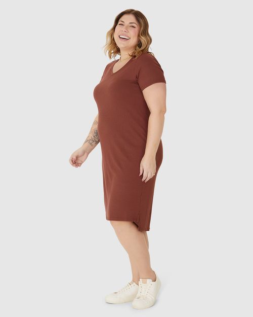 Vestido Feminino Plus Size Decote V Fenda Lateral Em Malha Viscose Canelada