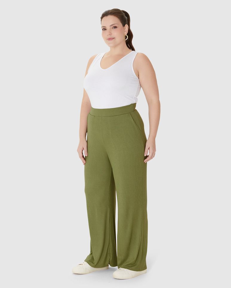 Calça Wide Leg Feminina Plus Size Em Malha Viscose Canelada