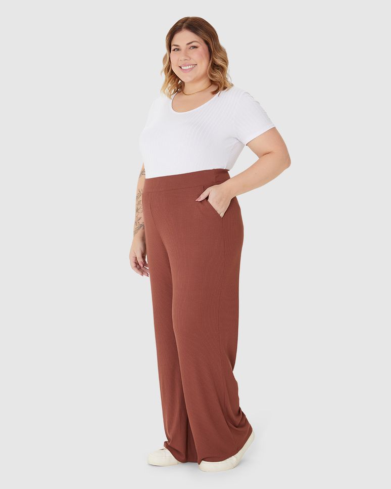 Calça Wide Leg Feminina Plus Size Em Malha Viscose Canelada