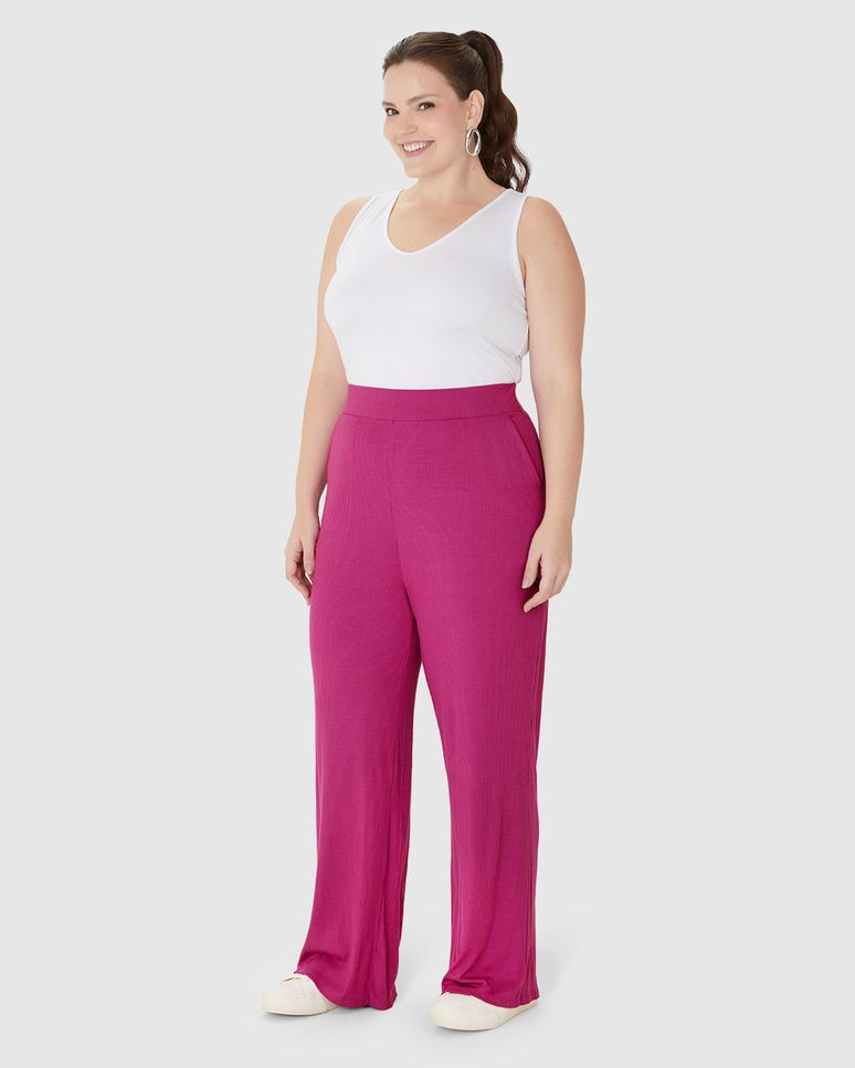 Calça Wide Leg Feminina Plus Size Em Malha Viscose Canelada
