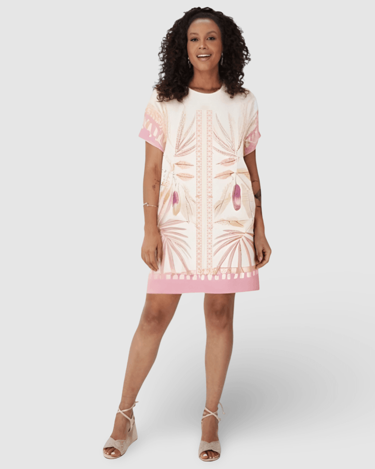 Vestido Amplo Feminino Manga Curta Estampado Em Viscose