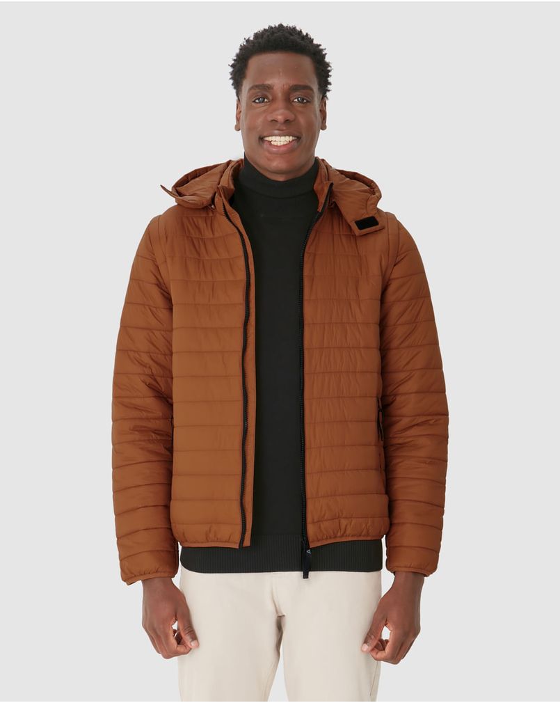 Jaqueta Puffer Masculina Manga E Capuz Removíveis Em Nylon MARROM