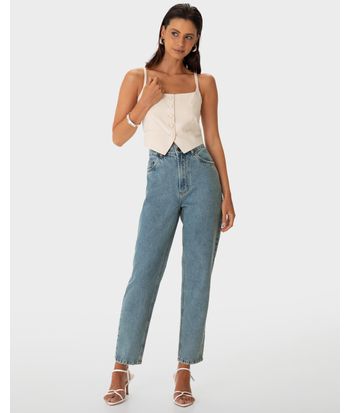 Calça Feminina Mom Cintura Alta Bolso Funcional Em Jeans 100% Algodão - ENFIM