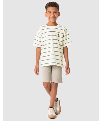 Camiseta Menino Etiqueta Decorativa Em Malha Listrada - Carinhoso
