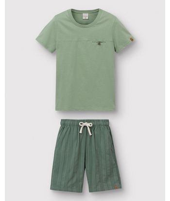 Conjunto Menino Camiseta E Bermuda Em Linho Texturizado - Carinhoso
