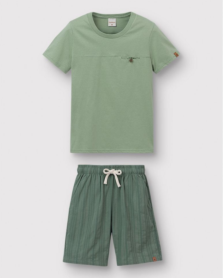 Conjunto Menino Camiseta E Bermuda Em Linho Texturizado - Carinhoso