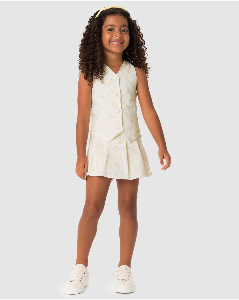 Conjunto Menina Colete E Shorts Saia Estampa Floral Em Bengaline