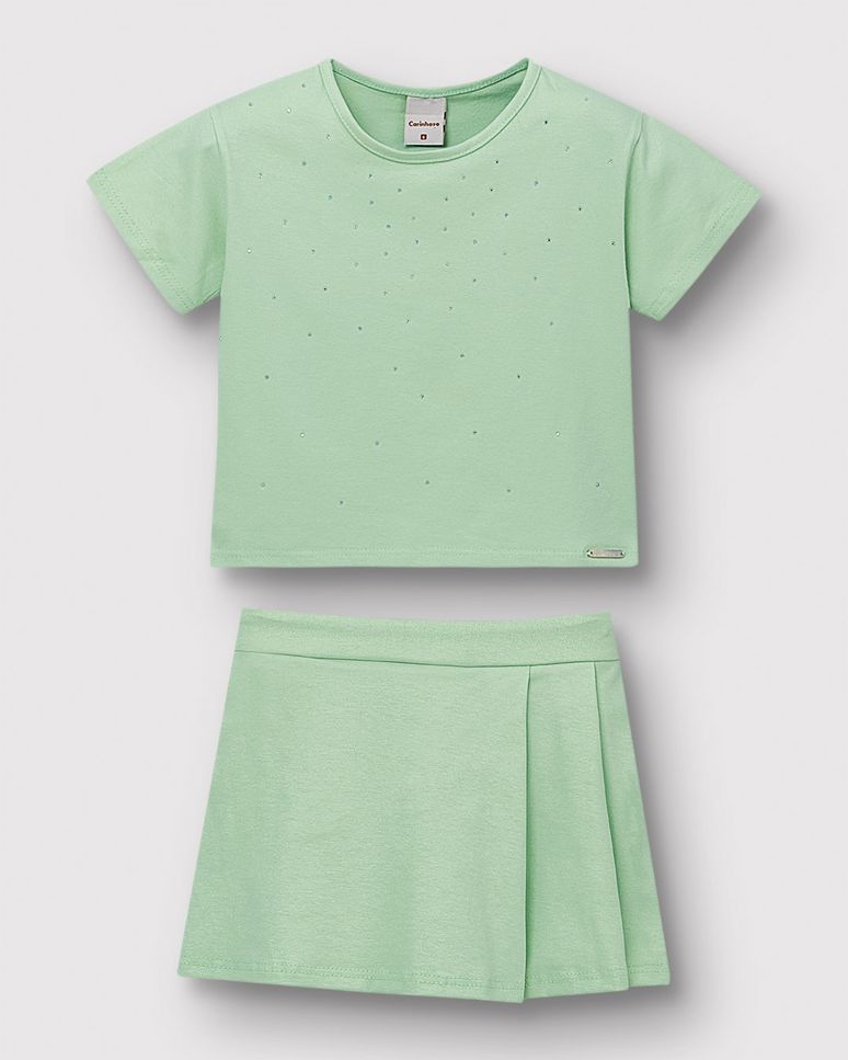 Conjunto Menina Blusa Strass E Shorts Saia Glitter Em Algodão - Carinhoso
