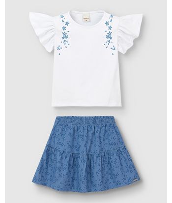 Conjunto Menina Blusa Detalhe Bordado Floral Em Algodão - Carinhoso