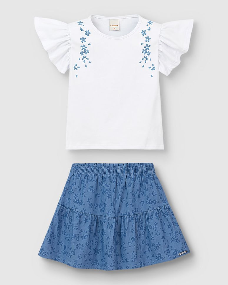 Conjunto Menina Blusa Detalhe Bordado Floral Em Algodão - Carinhoso