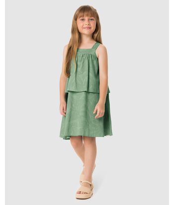Vestido Menina Babados Estampa Folhagem Em Viscolinho Texturizado - Carinhoso