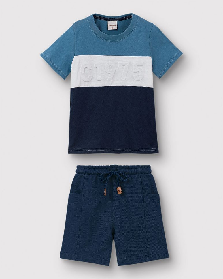 Conjunto Menino Camiseta Estampa C1975 Embossing Em Algodão - Carinhoso