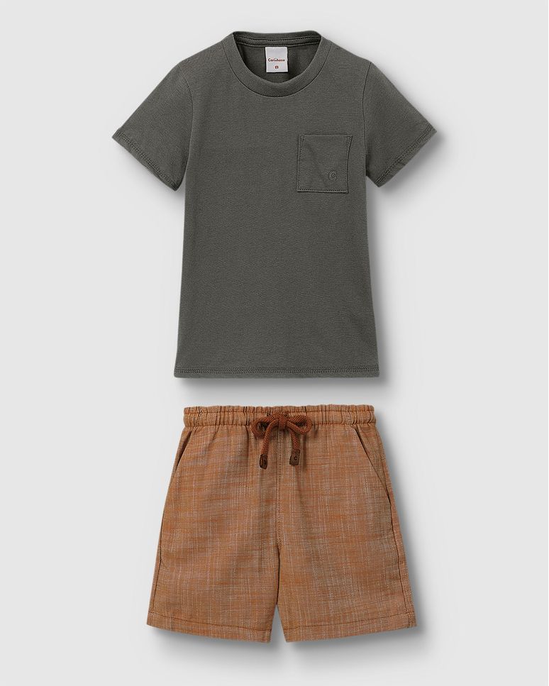 Conjunto Menino Camiseta Bolso Funcional Em Algodão - Carinhoso