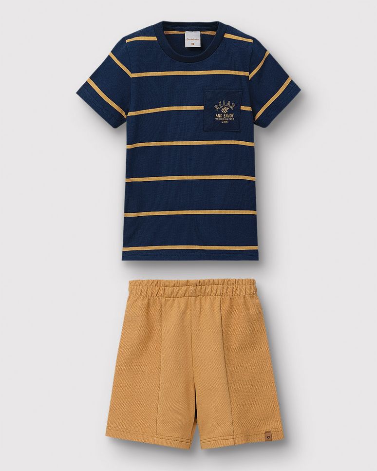 Conjunto Menino Camiseta Estampa HD Em Malha Listrada - Carinhoso