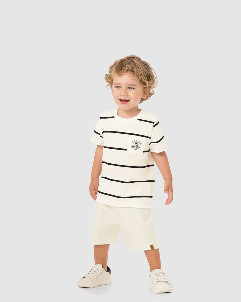 Conjunto Menino Camiseta Estampa HD Em Malha Listrada - Carinhoso
