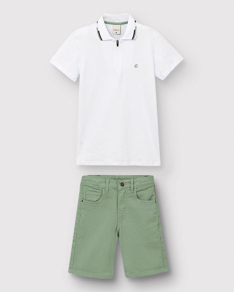 Conjunto Menino Camisa Polo Peitilho Com Zíper Em Piquet Stretch - Carinhoso