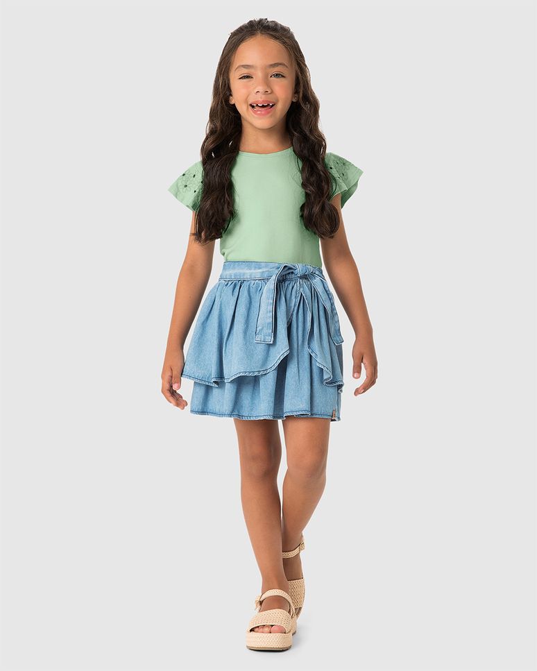 Conjunto Menina Blusa E Saia Faixa Laço Em Jeans Leve - Carinhoso
