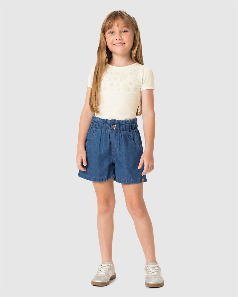Conjunto Menina Blusa Estampa Strass E Shorts Em Jeans Leve - Carinhoso