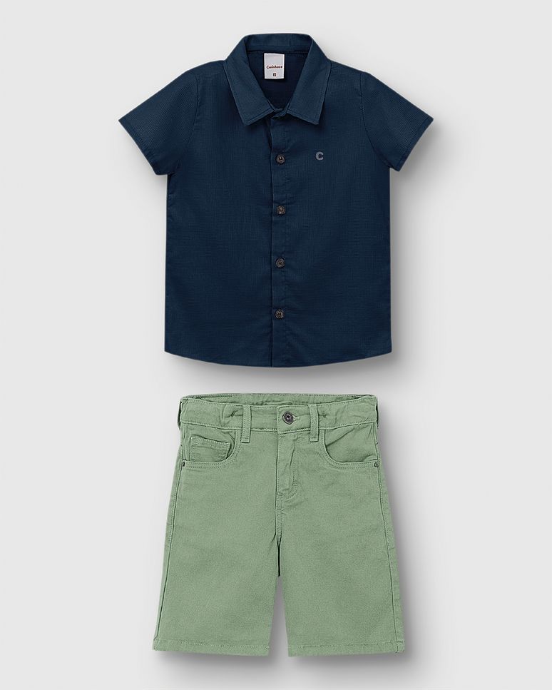 Conjunto Menino Camisa Tradicional Em Algodão Texturizado - Carinhoso