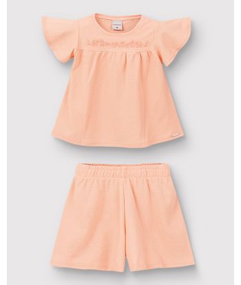Conjunto Menina Blusa Com Bordado E Shorts Em Malha Texturizada - Carinhoso