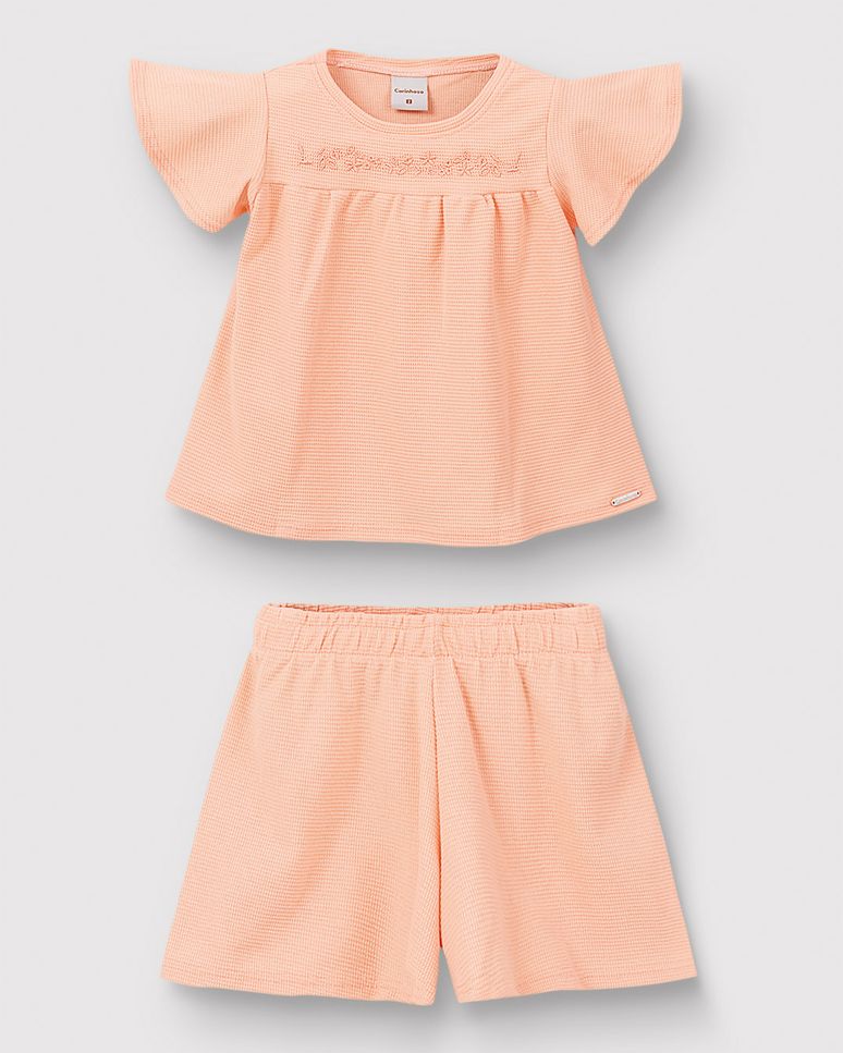 Conjunto Menina Blusa Com Bordado E Shorts Em Malha Texturizada - Carinhoso