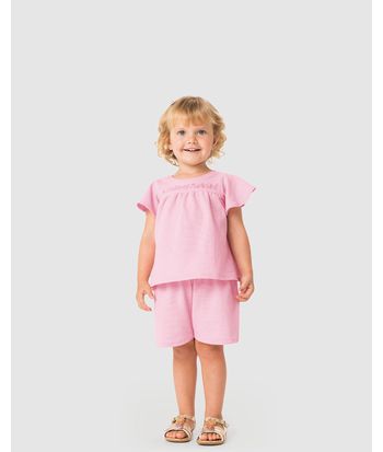 Conjunto Menina Blusa Com Bordado E Shorts Em Malha Texturizada - Carinhoso