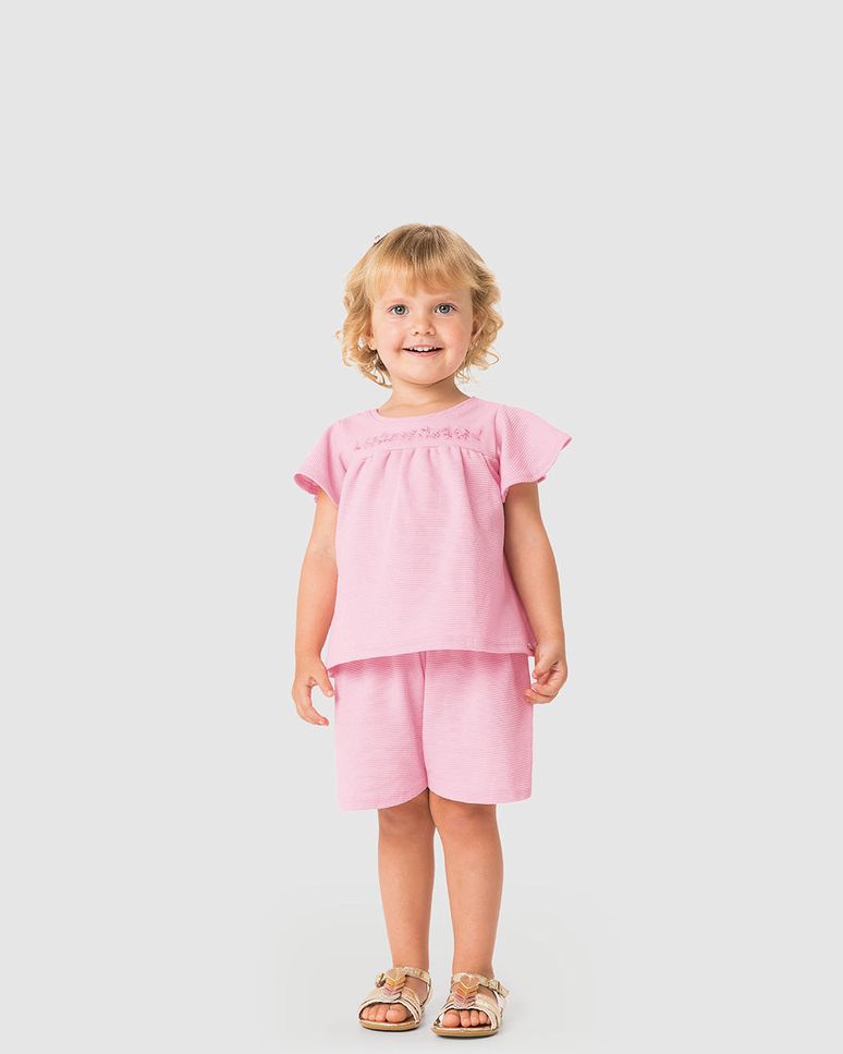 Conjunto Menina Blusa Com Bordado E Shorts Em Malha Texturizada - Carinhoso