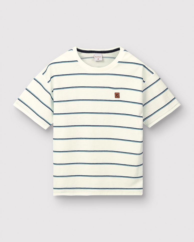 Camiseta Menino Etiqueta Decorativa Em Malha Listrada - Carinhoso