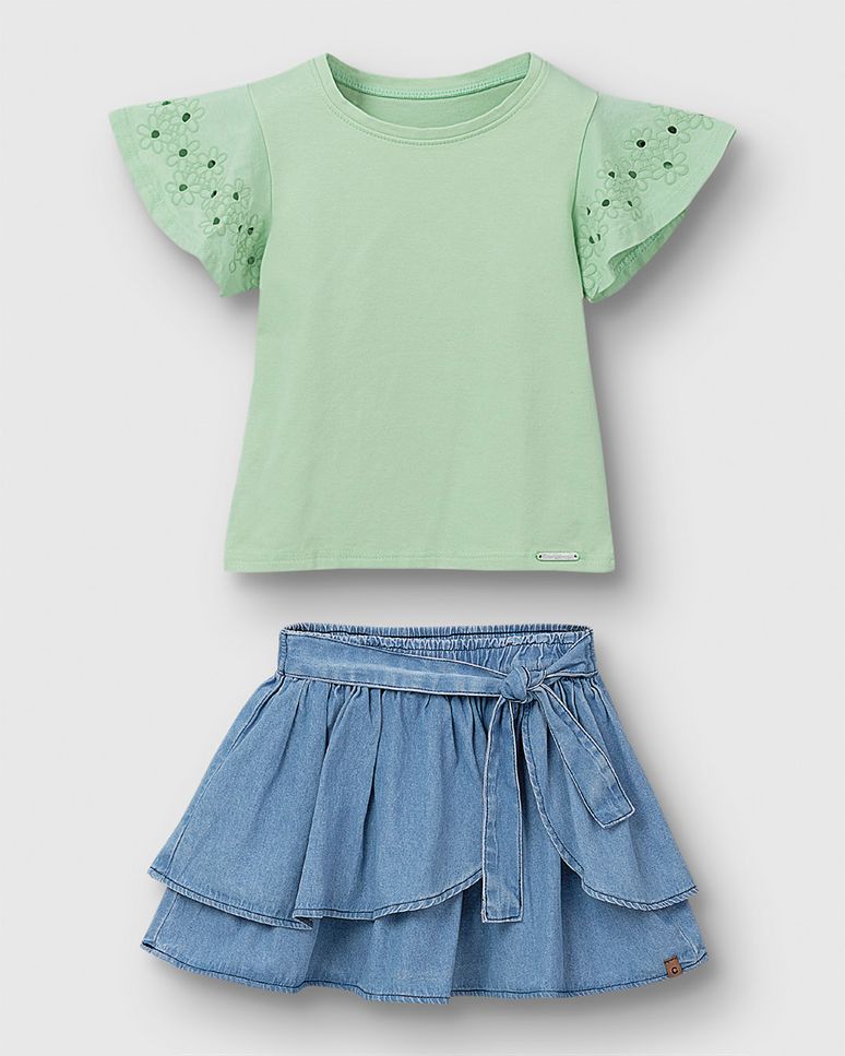 Conjunto Menina Blusa E Saia Faixa Laço Em Jeans Leve - Carinhoso
