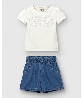 Conjunto Menina Blusa Estampa Strass E Shorts Em Jeans Leve - Carinhoso