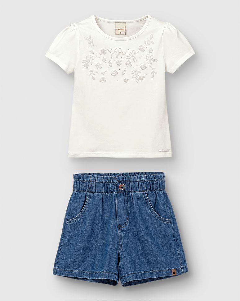 Conjunto Menina Blusa Estampa Strass E Shorts Em Jeans Leve - Carinhoso