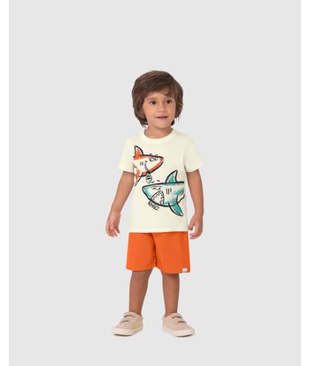 Conjunto Infantil Menino Camiseta Estampa Tubarão Em Algodão Malwee Kids