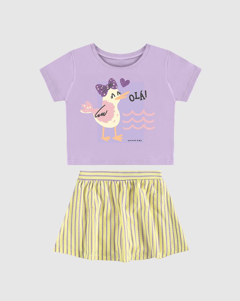Conjunto Infantil Menina Saia Em Malha Texturizada Listrada Malwee Kids