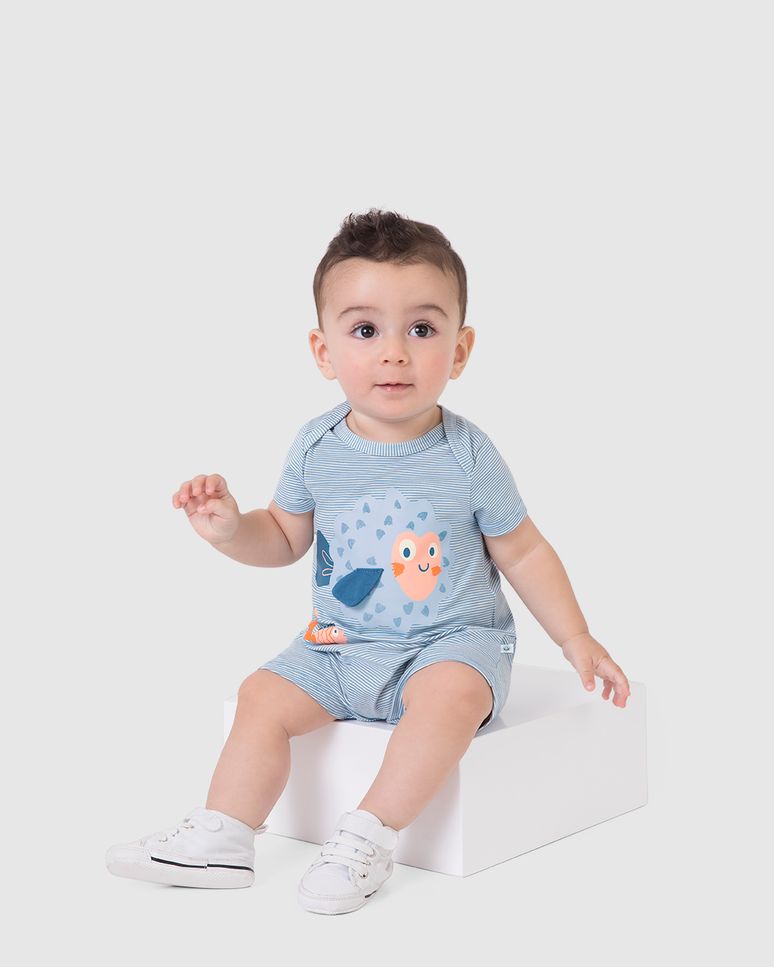 Macaquinho Infantil Menino Estampa Com Aplique Em Algodão Listrado Malwee Kids