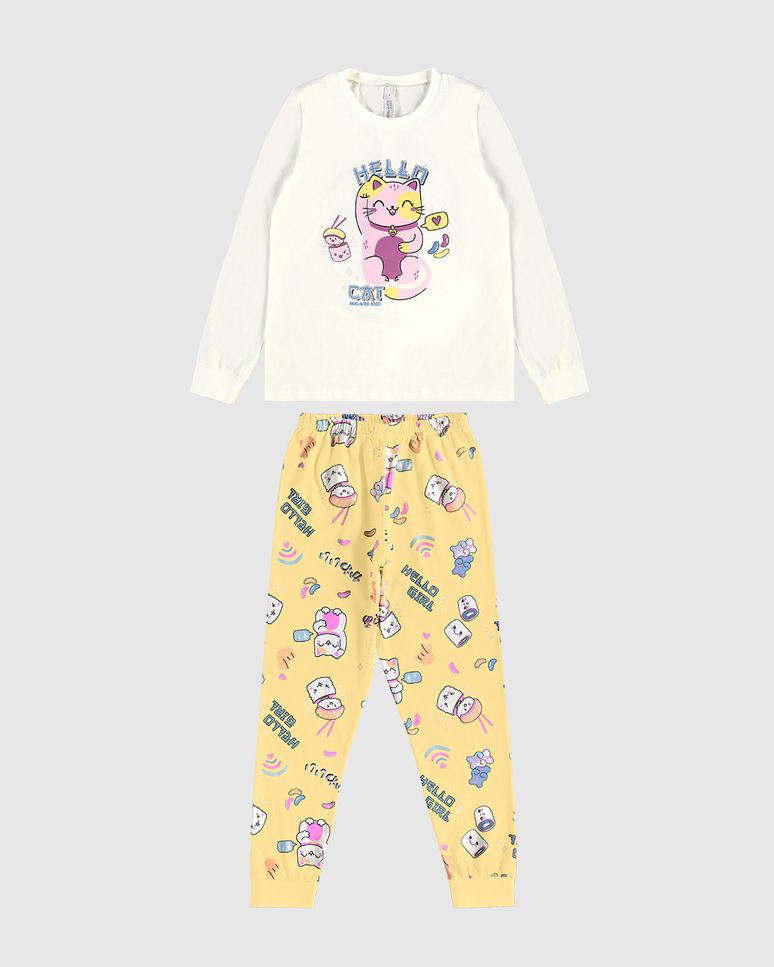 Pijama Longo Infantil Menina Hello Cat Em Algodão Malwee Kids