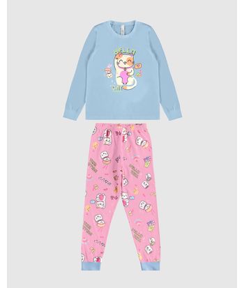 Pijama Longo Infantil Menina Hello Cat Em Algodão Malwee Kids