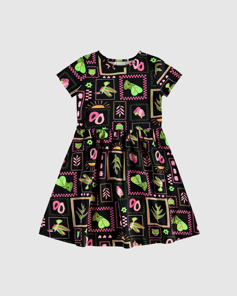 Vestido Infantil Evasê Manga Curta Estampado Em Algodão Malwee Kids