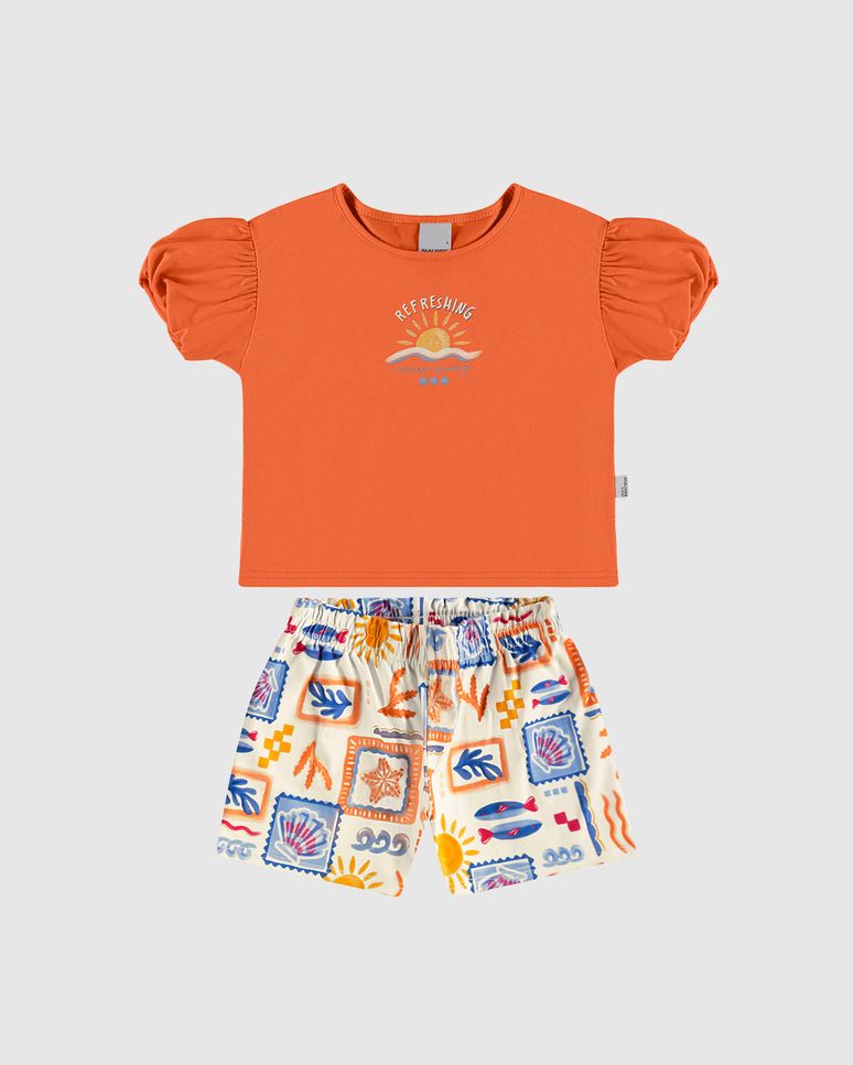 Conjunto Infantil Menina Blusa E Shorts Estampado Em Algodão Malwee Kids