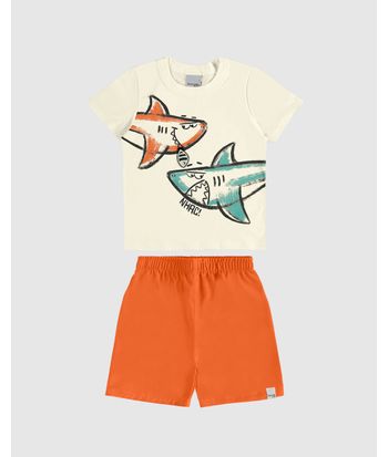 Conjunto Infantil Menino Camiseta Estampa Tubarão Em Algodão Malwee Kids
