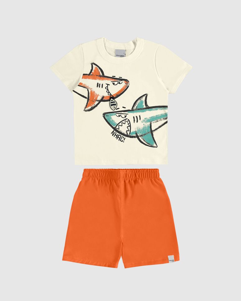 Conjunto Infantil Menino Camiseta Estampa Tubarão Em Algodão Malwee Kids