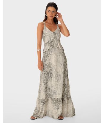 Vestido Longo Feminino Evasê Babados Snake Print Em Viscose - ENFIM