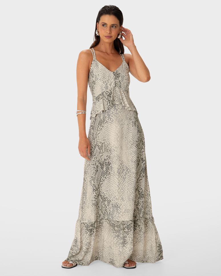 Vestido Longo Feminino Evasê Babados Snake Print Em Viscose - ENFIM