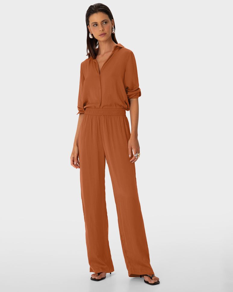 Calça Wide Leg Feminina Bolso Funcional Em Tecido Acetinado - ENFIM